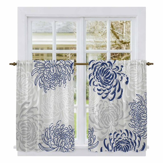 Blue White Kitchen Curtains, Abstract Grey Chrysanthemum Flower Floral Light Filtering Window Curtain Panels, 2Pcs Rod Pocket Window Treatments Set for RV Dining Room Study Room 42x54 Inches