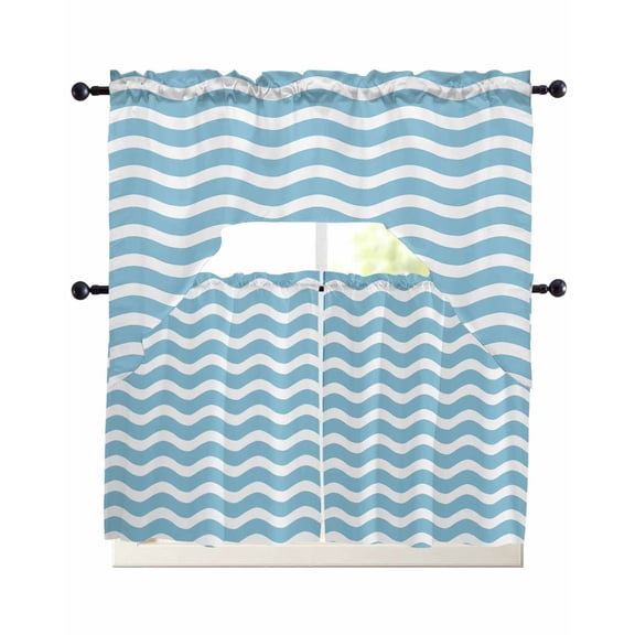Blue White Kitchen Curtains Swag Valance and Tier Curtains Set 24 Inch Length, Modern Abstract Waves Water Ripple Striped Rod Pocket Drape Panels Pair Swag Curtain for Bathroom/Cafe/Window