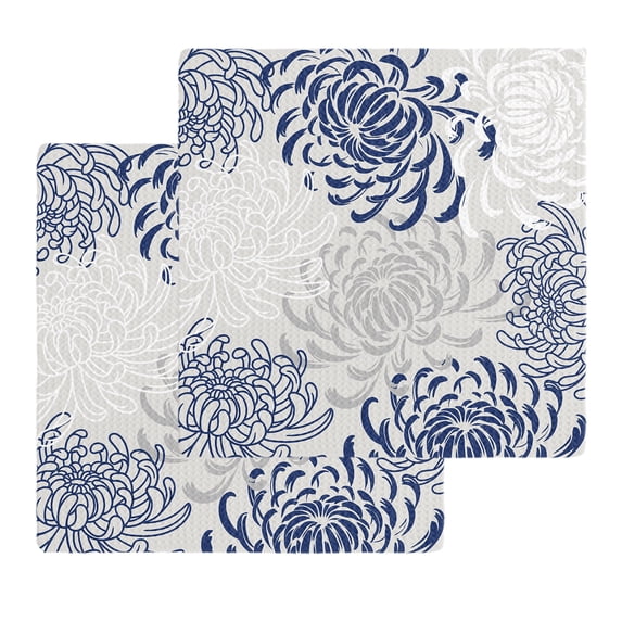 Blue White Kitchen Dish Towels for Drying Dishes Set of 2, Abstract Grey Chrysanthemum Flower Floral Waffle Weave Microfiber Hand Tea Bathroom Towels Quick Dry & Absorbent Towel 12x12
