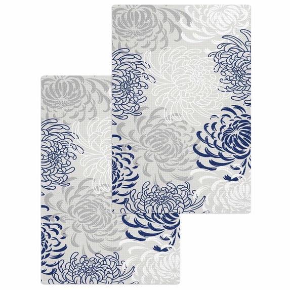 Blue White Kitchen Dish Towels for Drying Dishes Set of 2, Abstract Grey Chrysanthemum Flower Floral Waffle Weave Microfiber Hand Tea Bathroom Towels Quick Dry & Absorbent Towel 15.7x23.6