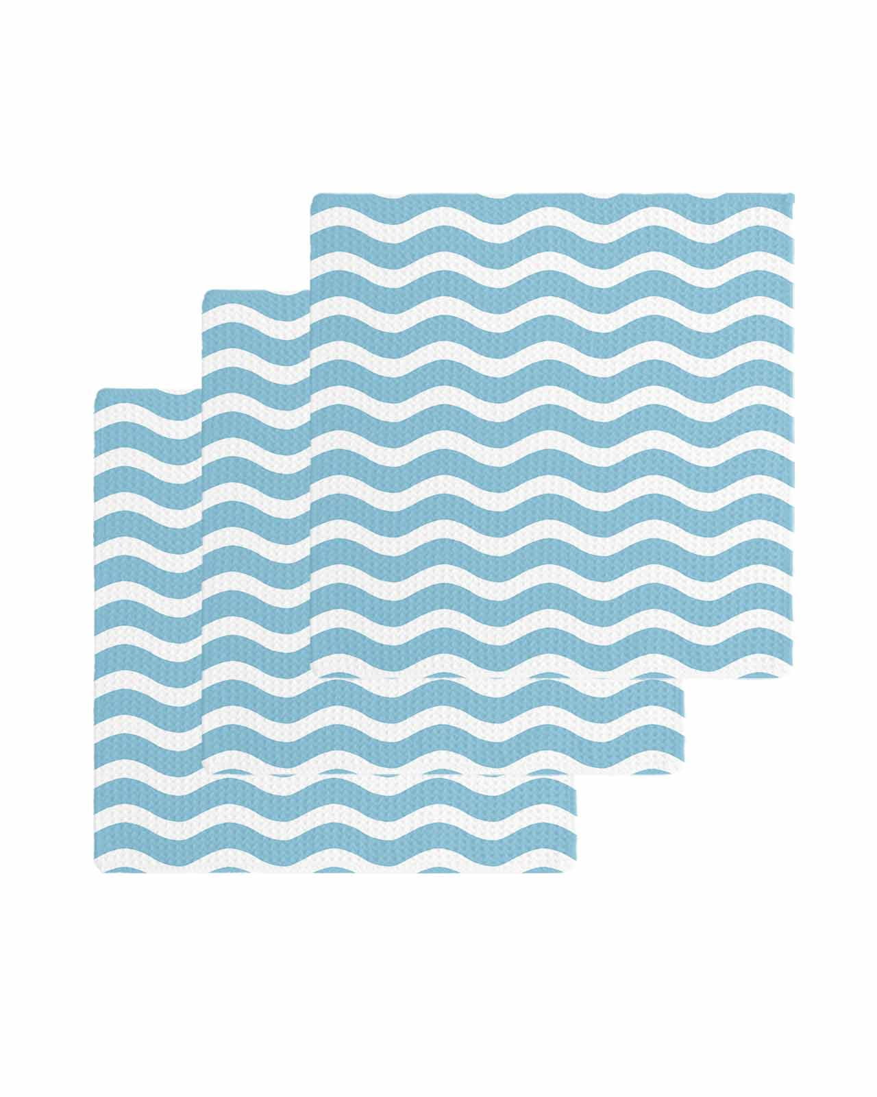 Blue White Kitchen Dish Towels for Drying Dishes Set of 3, Modern Abstract Waves Water Ripple Striped Waffle Weave Microfiber Terry Hand Tea Bathroom Towels Quick Dry & Absorbent Towel 12x12