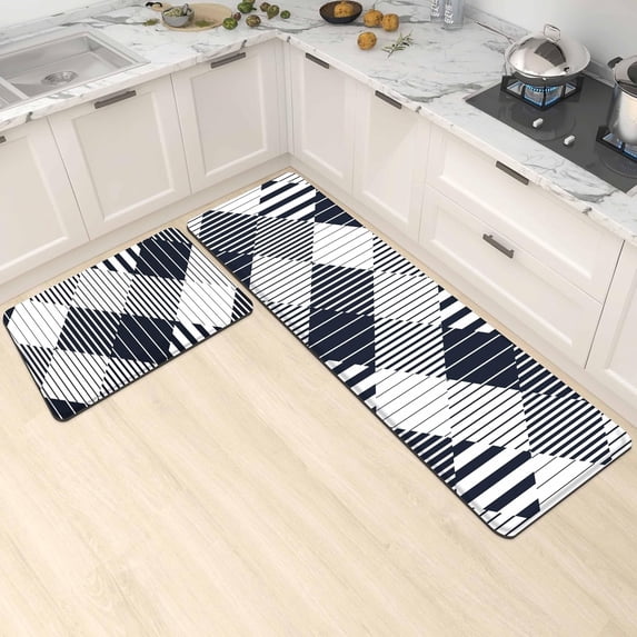 Blue White Kitchen Rugs Set of 2 Anti-Fatigue 0.4 Inch Thick Navy Modern Stripe Home Floor Mats Non Slip Waterproof Comfort Standing PVC Mat Decor for Sink Laundry 17.3 x28+17.3 x 47 Inch