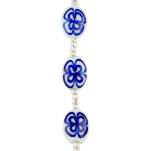 Bead Landing Blue & White Lampwork Glass Puffed Oval Beads - Handmade Beads with Spacer Beads for Jewelry Making, 12 Pack