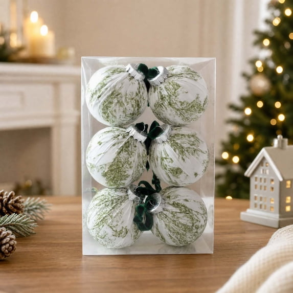 Blue White Landscape Fabric Wrapped Christmas Ornament Ball, Cloth Covered Foam Bauble for Xmas Tree Home Holiday Decor