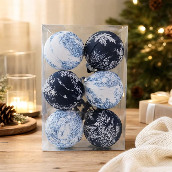 Blue White Landscape Fabric Wrapped Christmas Ornament Ball, Cloth Covered Foam Bauble for Xmas Tree Home Holiday Decor