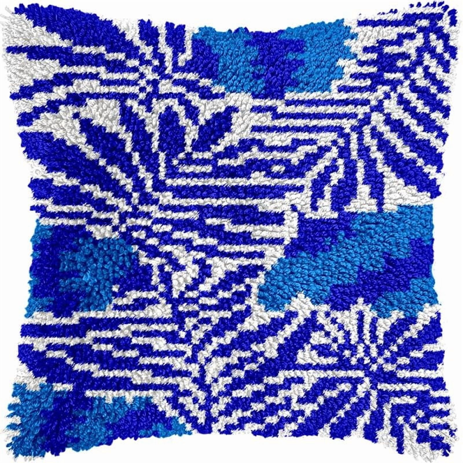 Blue & White Leaf Latch Hook Pillow Kits for DIY Handmade Throw Pillow Cushion Cross Stitch Latch Hooking Pillowcase Kits with Preprinted Canvas Crochet Yarn 17''X 17''(Y55)
