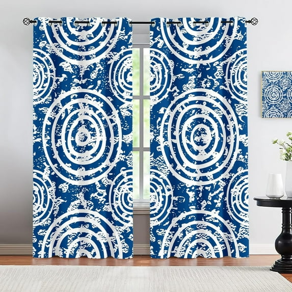 Blue White Living Room Blackout Curtains, Abstract Circle Doodle Print Curtains,Grommet Thermal Insulation Curtains For Bedroom Dining Room Windows Home Decor 52"W x 63"L (Pack of 2)