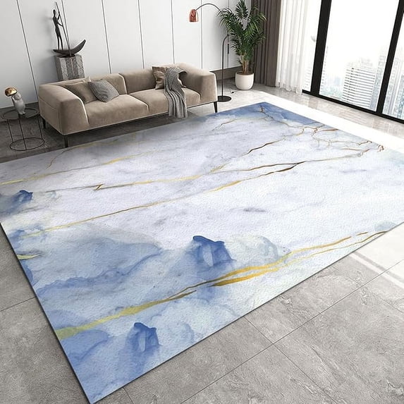 Blue White Marble Area Rugs, Nordic Golden Stripes Ink Turquoise Abstract Apartment Carpet, Area Carpet Durable Enough Soft Texture Apply To Cafe Office Door Mats Porch 5 x 6ft