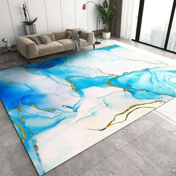 Blue White Marble Bedroom Rug, Irregular Graffiti with Gold-Plated Yellow Lines Non-Slip Mat, Area Rug Non-Shedding Soft Texture Apply to Farmhouse Bedroom Area 5x6ft