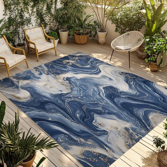 Blue White Marble Outdoor Rug 3x5 Ft - Reversible Patio Rug Outdoor Camping Rugs, Nature Stone Abstract Washable Indoor Outdoor Area Rugs, Non-Slip Outdoor Carpet Runner for Deck/Porch