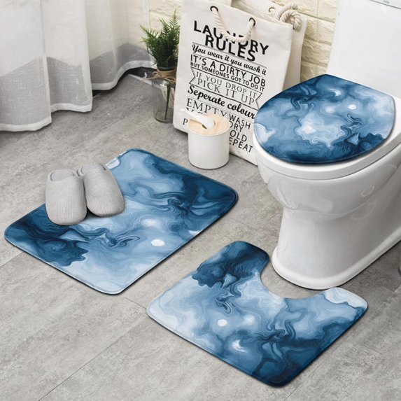 Blue White Marble Pattern Bathroom Rugs Sets 3 Piece,Toilet Cover Set,Absorbent Non Slip Bathroom Mats Sets with U-Shaped Contour Rug Toilet Rug Set