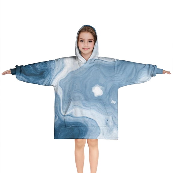 Blue White Marble Pattern Blanket Hoodies for Kids 6-13YR Oversize Wearable Blanket Hoodies for Boys Girls Teens