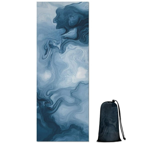 Blue White Marble Pattern Hot Yoga Mat Towel Non Slip for Hot Yoga - Quick-Drying Yoga Mat Cover with 4 Corner Pockets with Travel Bag - Hot Yoga Towel Non Slip Grip Moisture Wicking Sweat 70"x26"
