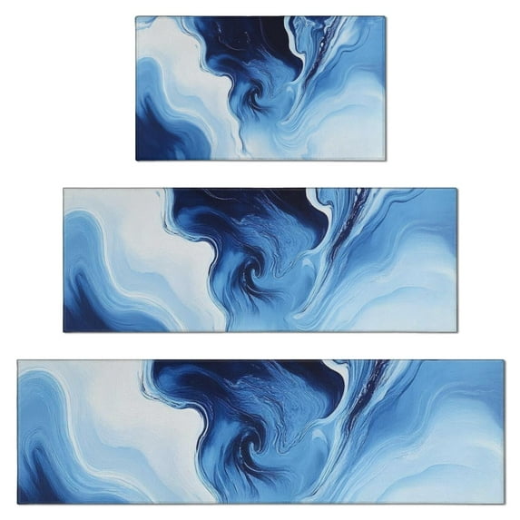 Blue White Marble Pattern Kitchen Rugs Sets Of 3,Kitchen Runner Rugs Non Skid Washable,Decorative Kitchen Floor Mats for Kitchen,Sink,Laundry,17"x30"+ 17"x47" + 17"x59"