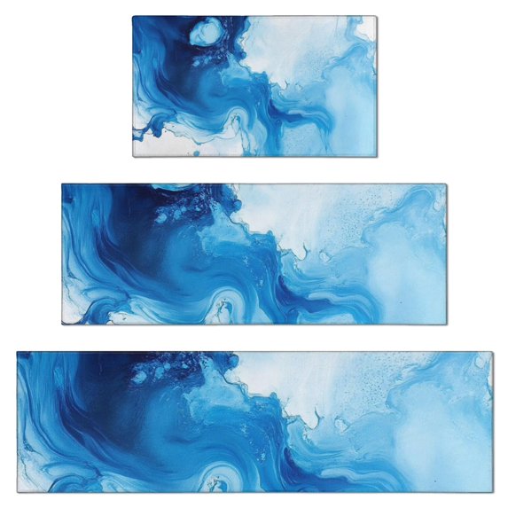 Blue White Marble Pattern Kitchen Rugs Sets Of 3,Kitchen Runner Rugs Non Skid Washable,Decorative Kitchen Floor Mats for Kitchen,Sink,Laundry,17"x30"+ 17"x47" + 17"x59"
