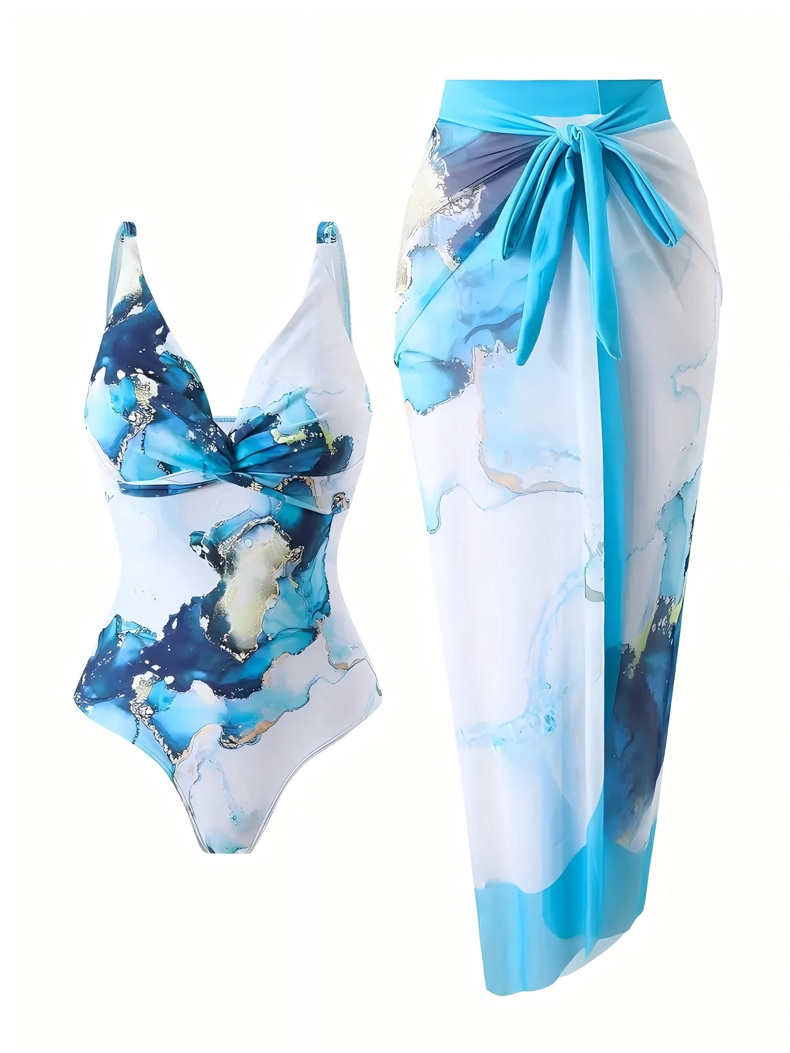 Blue White Marble Print 2-Piece Swimsuit Set, Plunge Neck One-Piece ...
