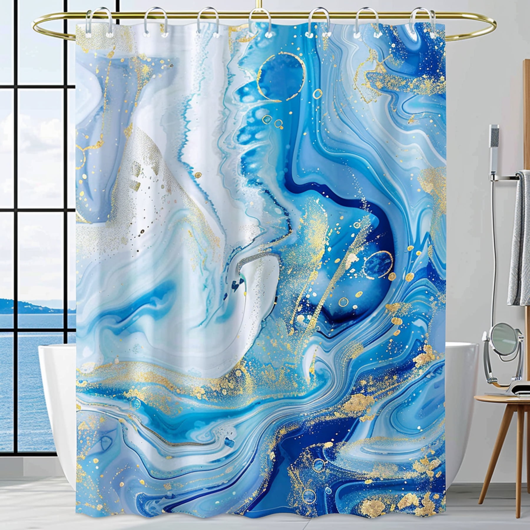 Blue and White Marble Print Shower Curtain with Gold Glitter Ocean Waves Pattern Blue Watercolor