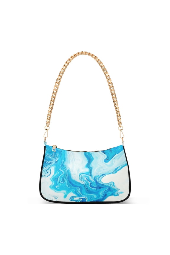 Blue White Marble Wave Womens Chain Shoulder Bag Tote Handbag Clutch Hobo Purse with Zipper for Travel Casual