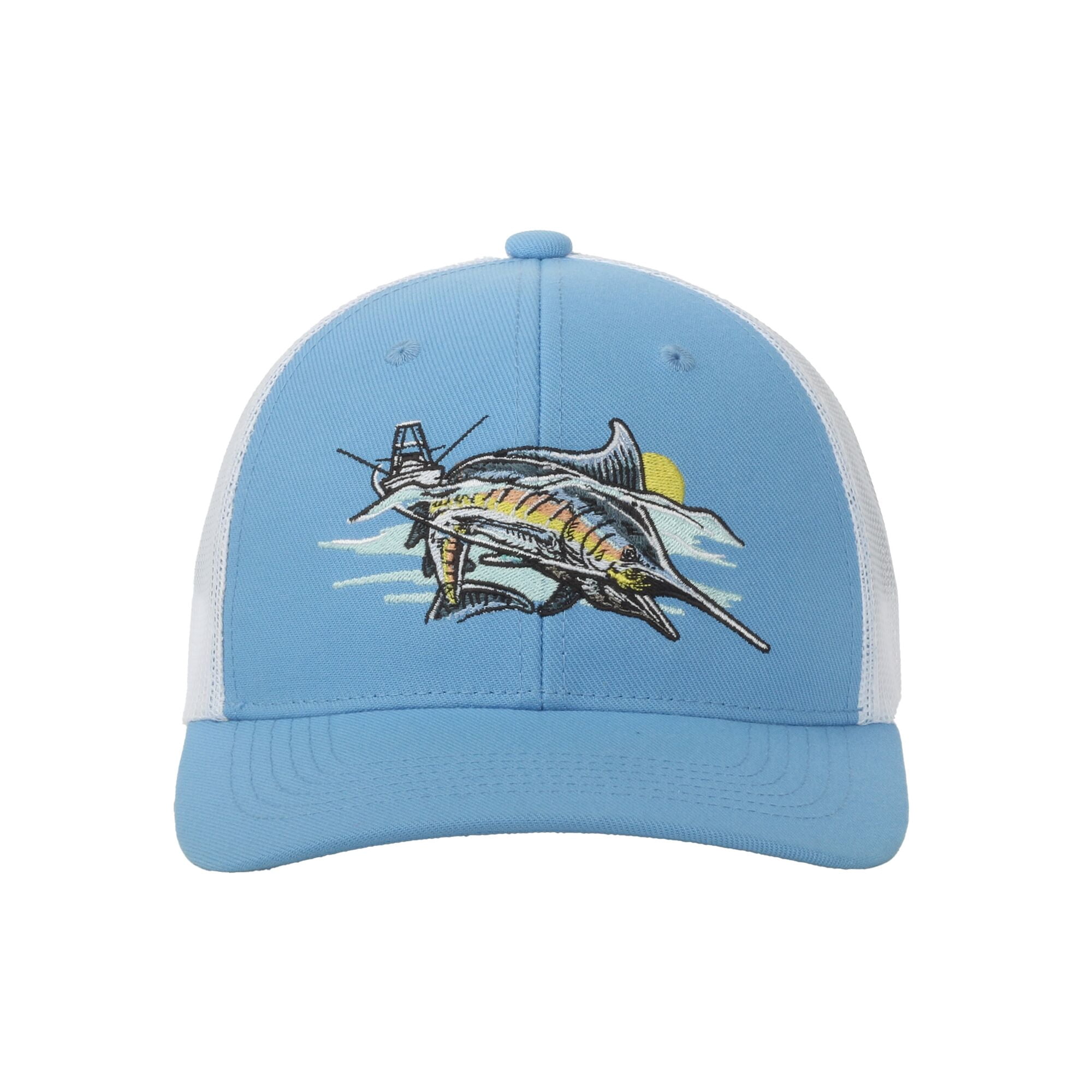 Blue/White Marlin 6-Panel Fishing Cap – Structured, Embroidered, Snapback, One Size