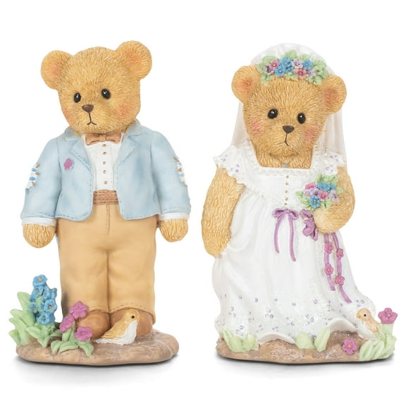 Blue White Married Bear Couple 4.25 inch Resin Decorative Tabletop Figurine Set