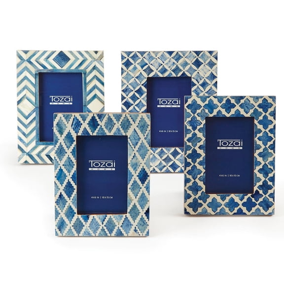 Blue & White Modern 4" X 6" Bone Mosaic Photo Frame Set of 4 with Asst Patterns