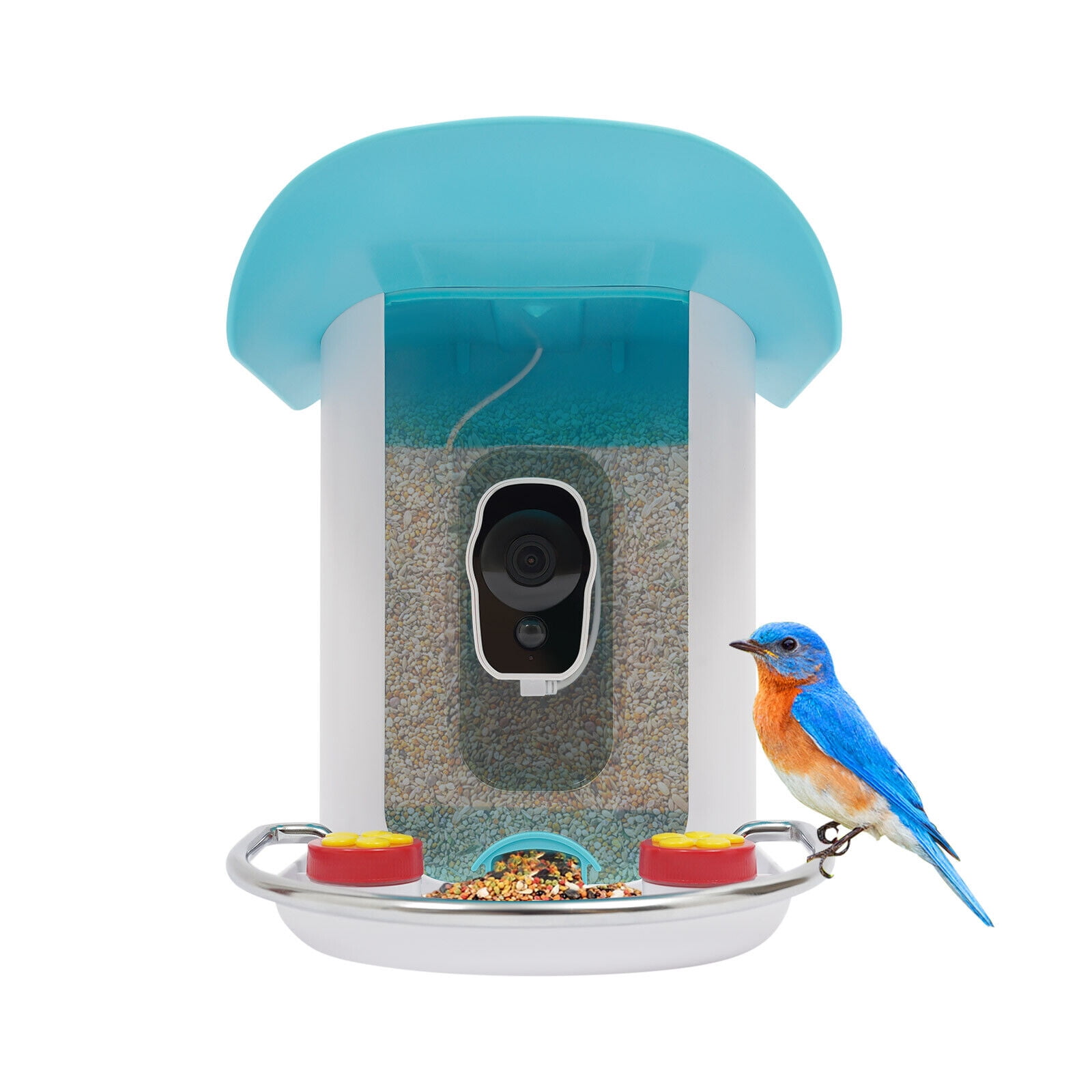 Blue&White Modern Smart Bird Feeder - 1080P 2MP Camera,150° Wide Angle,AI Bird Recognition (11000+ Species),Solar/USB Powered,IP65 Waterproof,2.5L Capacity for Outdoor Bird Watching