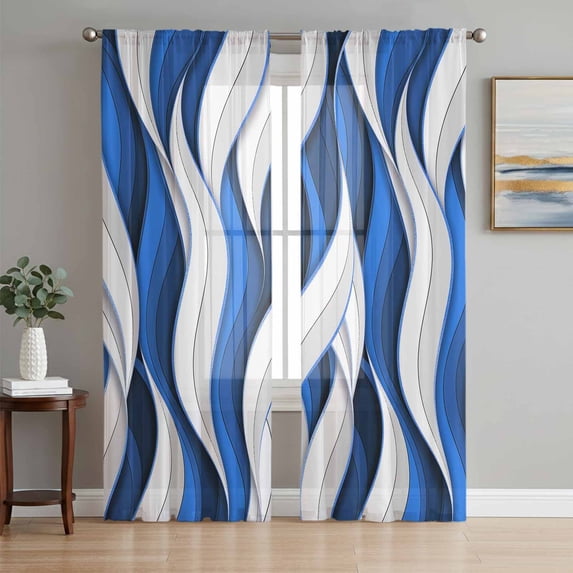 Blue White Moire Sheer Curtains 96 Inch Length 2 Panels Set - Light Filtering Window Treatments, Modern Abstract Art Rod Pocket Semi Curtains for Living Room/Bedroom/Kitchen Décor, 104"W x 96"L