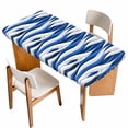 thumbnail image 1 of Blue White Moire Table Cloths for 5 Foot Rectangle Tables, Modern Abstract Art Patio Waterproof Elastic Fitted Tablecloths, Washable Rectangular Table Cover for Camping, 1 of 8