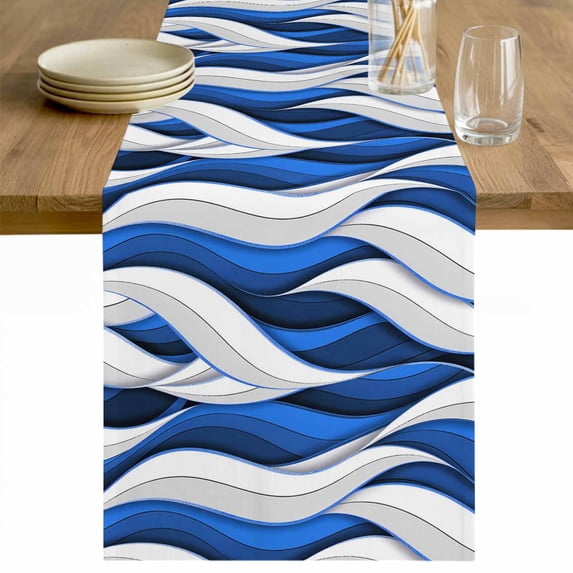 Blue White Moire Table Runner 72 Inches Long Farmhouse Dress Scarves, Modern Abstract Art Dining Tablerunner for Coffee Table/Kitchen Island/Party Décor, 13" x 72"