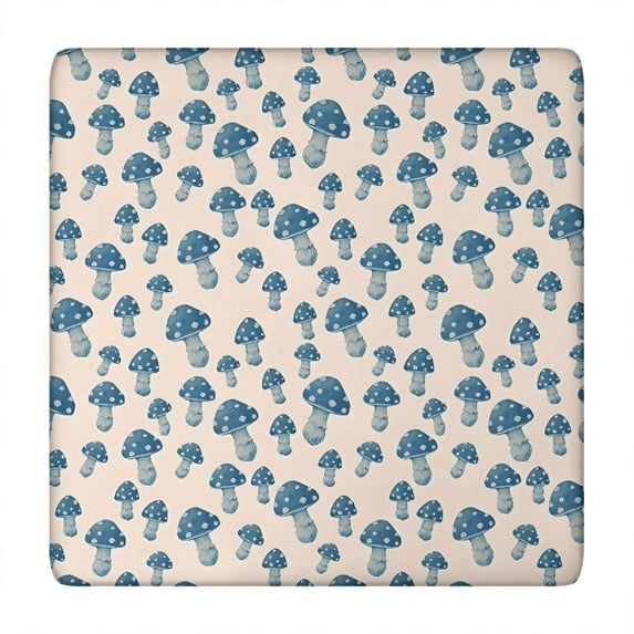 Blue White Mushroom Light Pink Pattern Square Fitted Tablecloth with Elastic Edge,Square Table Cover,Washable Elastic Table Cover for Home Kitchen Party Decor 34"x34"