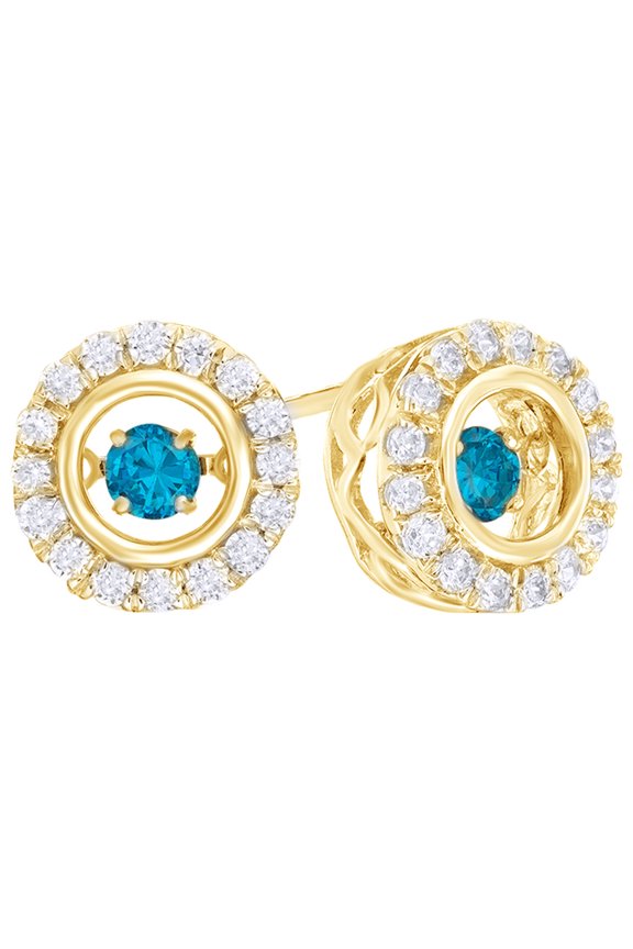Blue & White Natural Diamond Frame Stud Earrings in 10k Yellow Gold (1 Cttw)