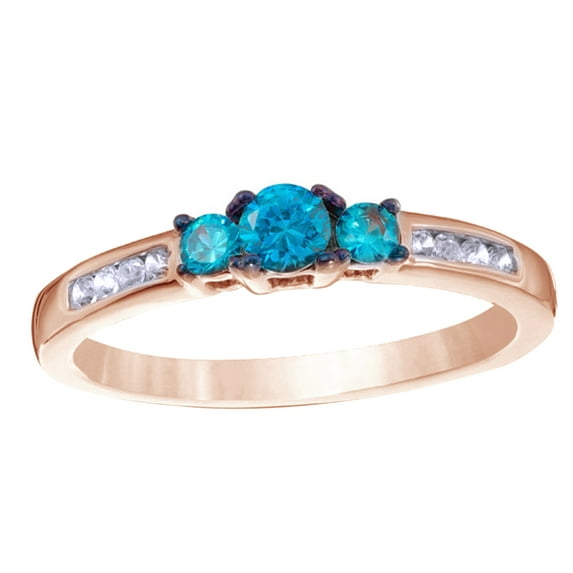 AFFY Blue & White Natural Diamond Three Stone Engagement Ring in 10k Rose Gold