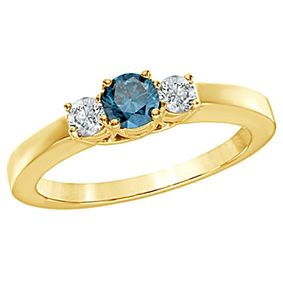 AFFY Blue & White Natural Diamond Three Stone Engagement Ring in 14k Yellow Gold