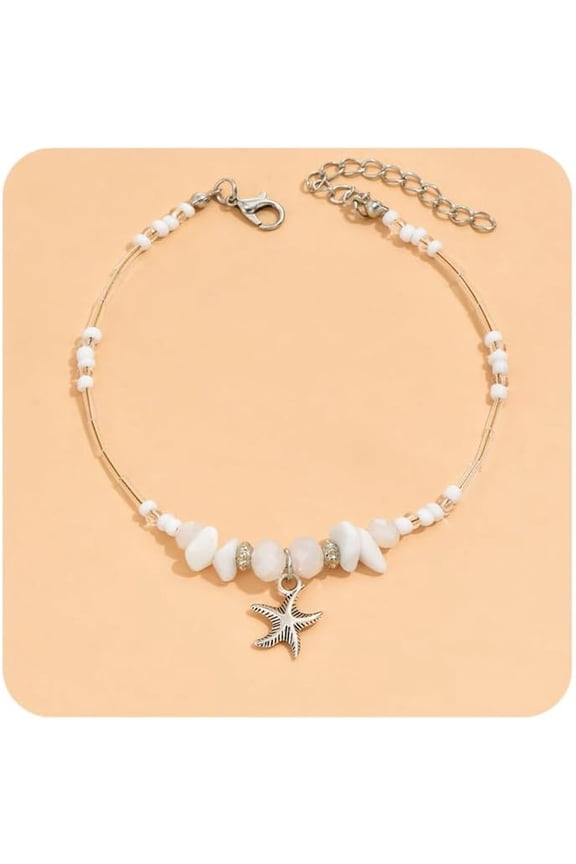 Blue White Natural Stone Seed Beaded Turquoise Opal Starfish Beach Anklet Bracelet Adjustable for Women Summer Vacation Birthday Foot Chain Jewelry Gifts