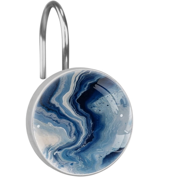 Blue White Ocean Marble 12 Pack Shower Curtain Hooks, Decorative Shower Rings for Shower Curtain Rods, Stainless Steel, Rust Resistant, Round Curtain Hooks for Bathroom