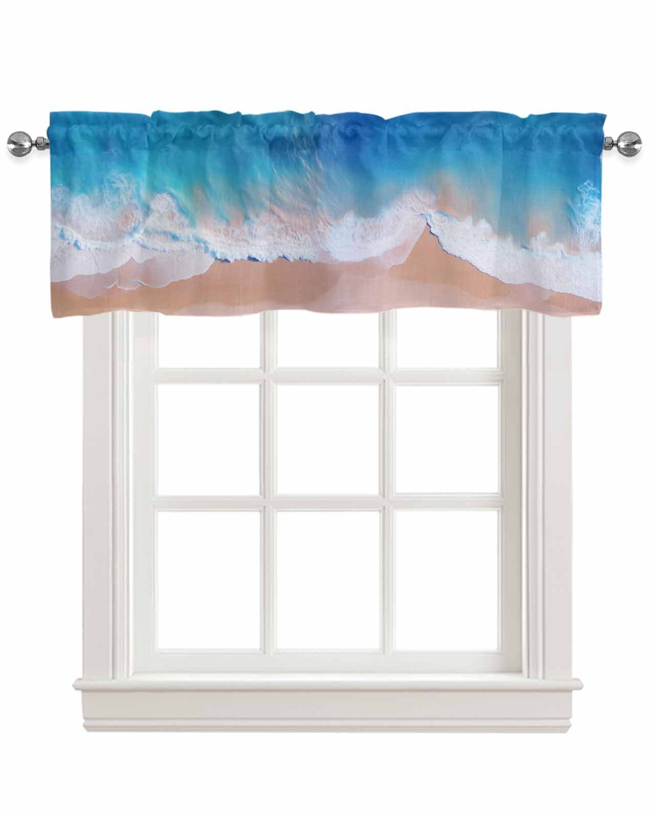 Blue White Ocean Wave Linen Curtain Valance for Bedroom/Bathroom/Kitchen/Office/Living/Dining Room Windows,Summer Sandy Beach Coastal Nautical Pocket Topper Drapes Decorative Cafe Drapery Panel 54x18