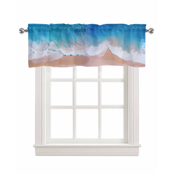 Blue White Ocean Wave Linen Curtain Valance for Bedroom/Bathroom/Kitchen/Office/Living/Dining Room Windows,Summer Sandy Beach Coastal Nautical Pocket Topper Drapes Decorative Cafe Drapery Panel 42x12