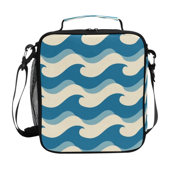 Blue White Ocean Wave Lines Insulated Lunch Bag Reusable Lunch Box Lunch Container with Straps