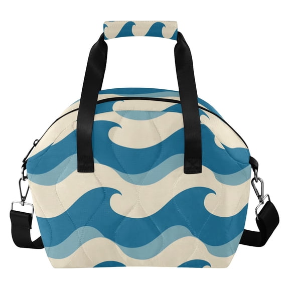 Blue White Ocean Wave Lines Insulated Lunch Bag Reusable Quilted Lunch Box Waterproof Leakproof Lunch Container
