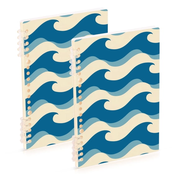 Blue White Ocean Wave Lines Notebook Detachable Coil Notebook Diary Plan Book A5 Size 60 Pages 2 Pack
