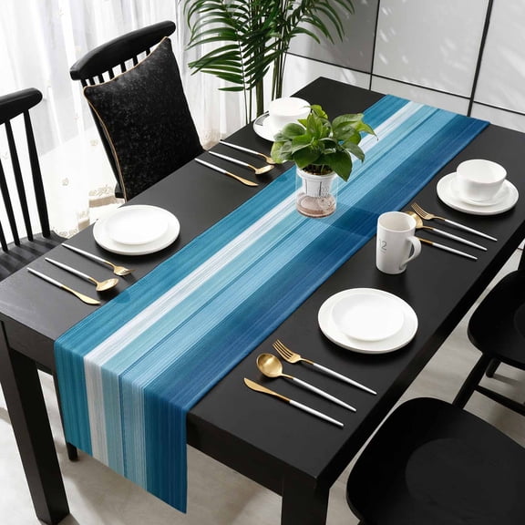 Blue White Ombre Cotton Linen Small Table Runner 13 x 36 inch Modern Gradient Abstract Aesthetic Non-slip Rectangular Dining Table Decor for Wedding Party Holiday Dinner