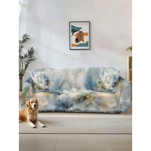 Blue White Ombre Couch Cover, Watercolor Cloud Geometric Abstract Art Sofa Cover Blanket for 1 Seat Cushion,Sectional Sofa Slipcover Furniture Protector for Living Room Bedroom 71''x91''