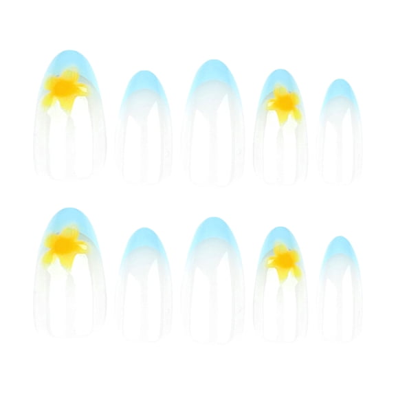 Blue White Ombre French Tip Press on Nails, Medium Almond Glossy Fake Nails with Tropical Floral Accent, 24 Count