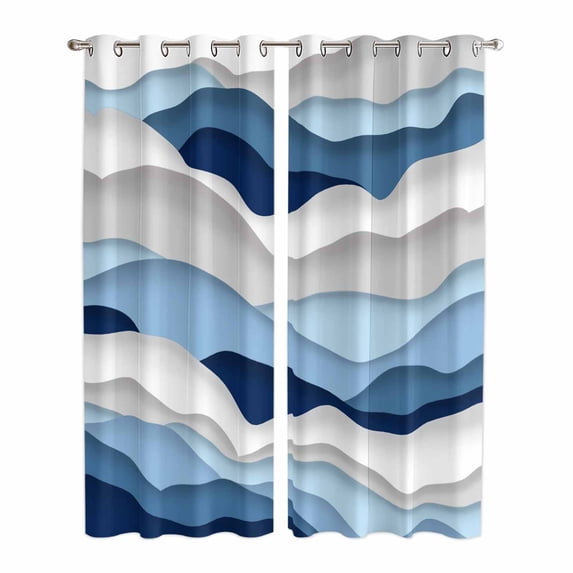 Blue White Ombre Kitchen Curtains 96 Inch Length, Modern Geometric Moire Abstract Art Grommet Top Bedroom Living Room Curtains, Light Filtering Cafe Curtain Drapes 2 Panels Set 104''x96''