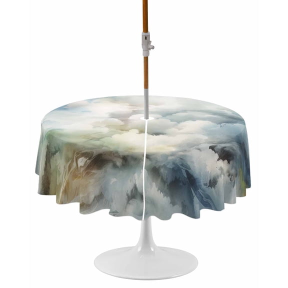 Blue White Ombre Round Outdoor Tablecloth, Waterproof Table Cloth Cover with Umbrella Hole and Zipper, Watercolor Cloud Geometric Abstract Art Table Protector for Patio Party Picnic 54" Round