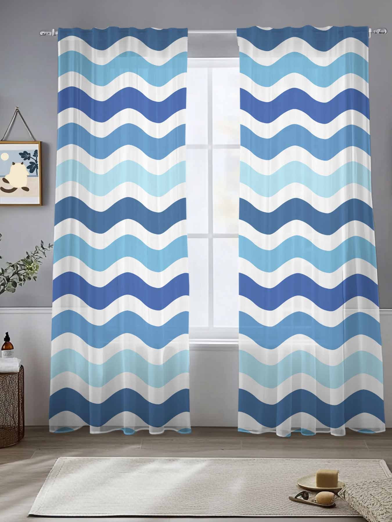 Blue White Ombre Sheer Curtains for Living Room Bedroom Modern