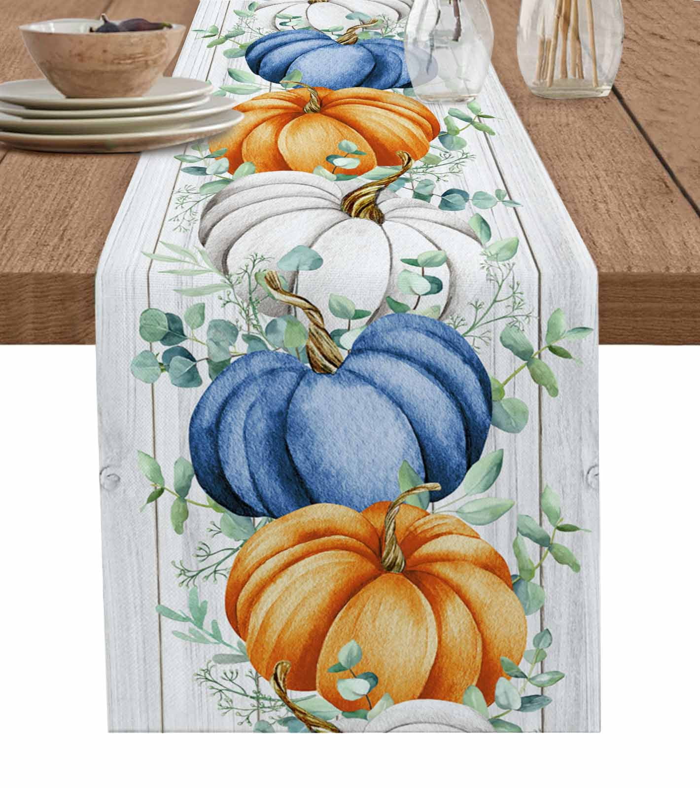 Blue White Orange Fall Burlap-Cotton Table Runner 60 Inches Long ...