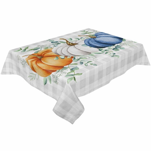 Blue White Orange Fall Rectangle Tablecloths 60x120,Thanksgiving Eucalyptus Leaves Grey Plaid Table Cloth Table Cover Indoor/Outdoor Tabletop Decor for Wedding Holiday Party Dinner Baby Shower
