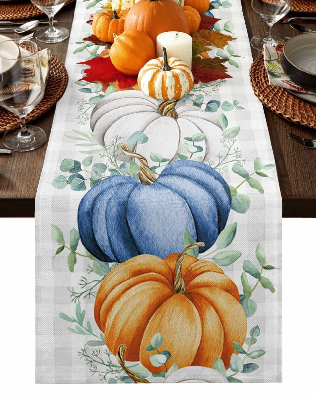 Blue White Orange Fall Table Runner-Cotton Linen- 72 Inch Holiday
