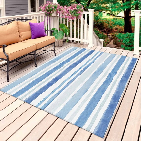 Blue White Outdoor Rug 3x5 Ft, Non Slip Washable Area Rug, Modern Watercolor Abstract Ombre Striped Patio Rugs Carpet Runner, Large Floor Mat for Indoor/Outdoor Deck Porch Camping